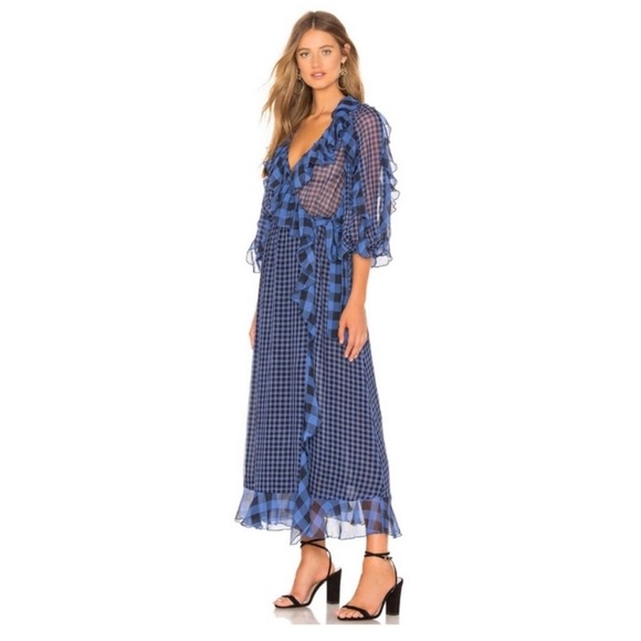 Tularosa Alicia Sheer Gingham Wrap Maxi Dress Size S Blue Ruffle Fairycore - Picture 2 of 12